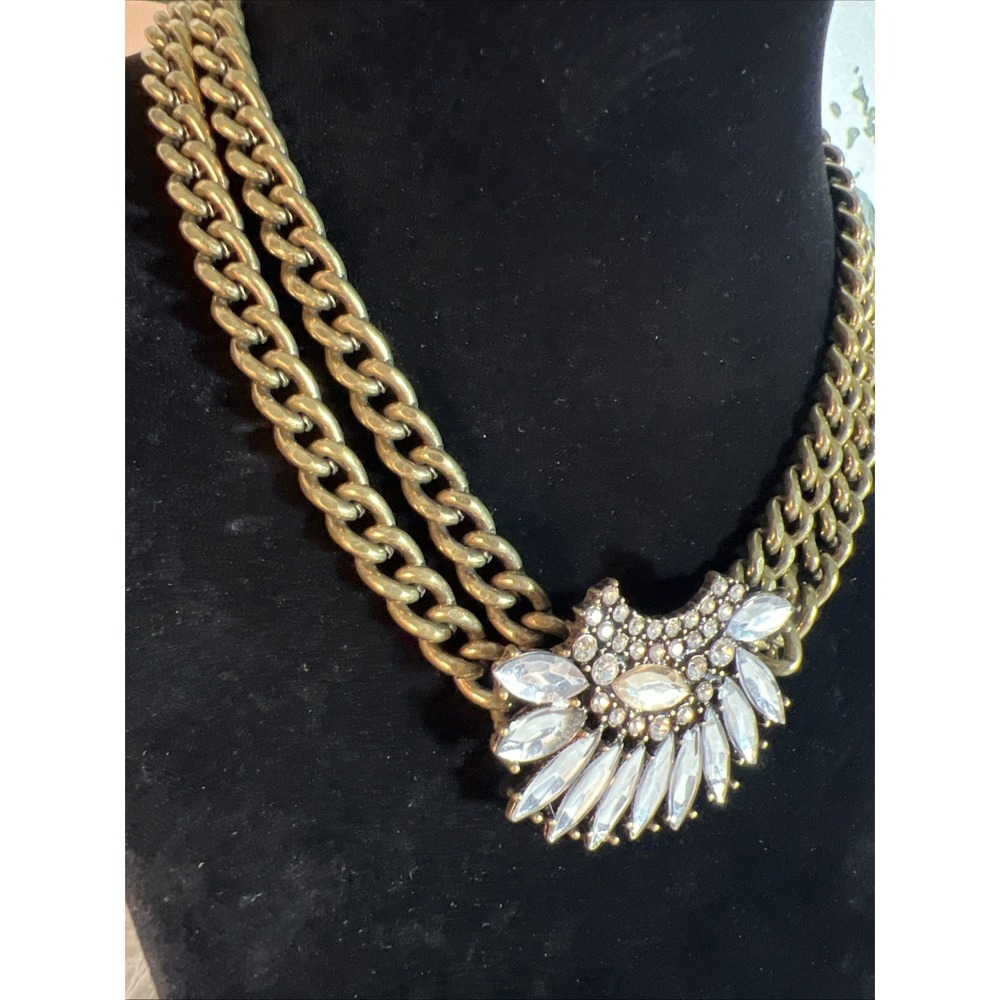 Vintage Womens Bronce Tone Double Chain Rhinestone Front Statement Necklace - Picture 5 of 12